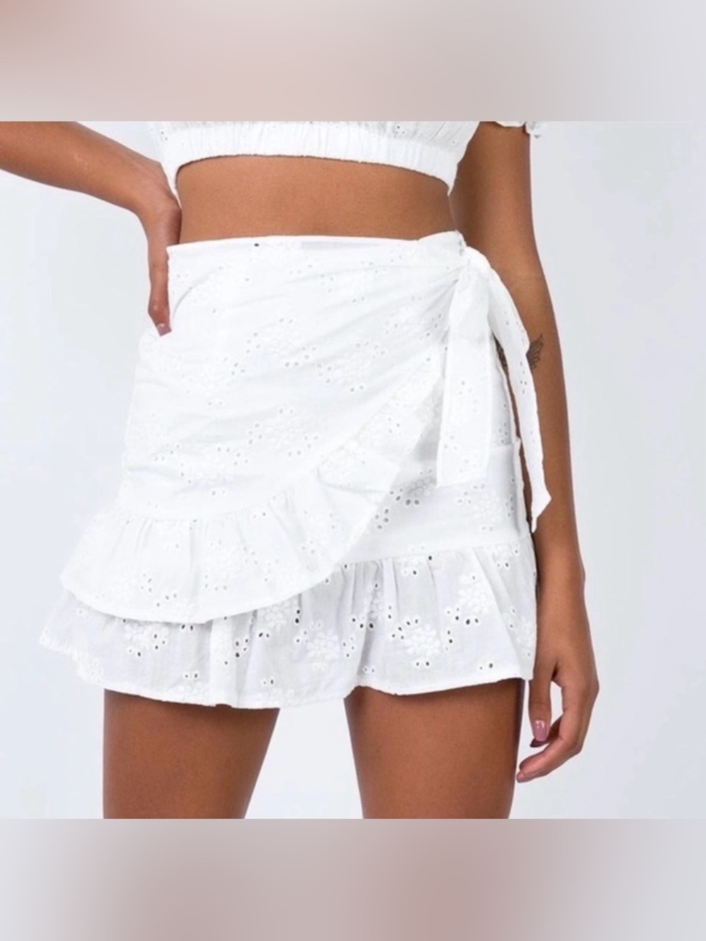 Versona White Eyelet Ruffle Wrap Mini Skirt